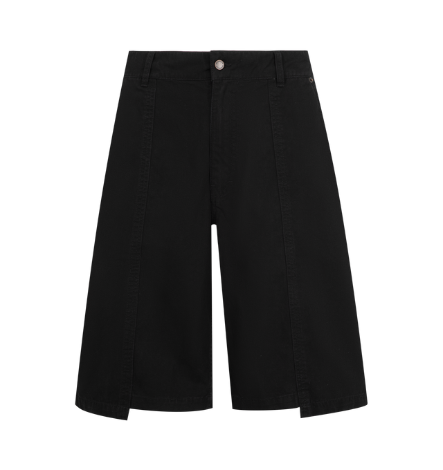 Image 1 of 3 - BLACK - Pleasures Mens Panelled Work Jorts are crafted from heavyweight cotton canvas. Feature panelled construction, stone-washed finish, and relaxed workwear-inspired styling. Main Material: 100% Cotton. Made in China