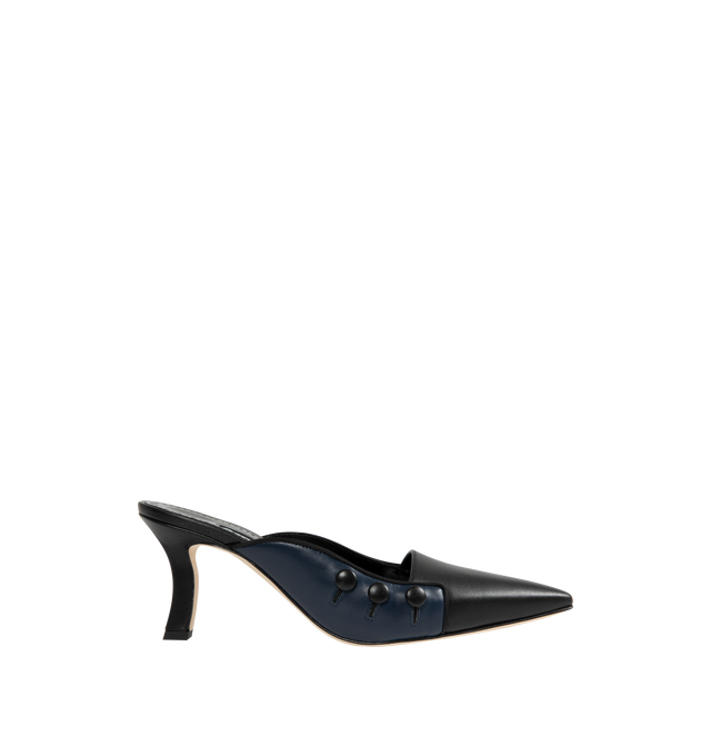 Image 1 of 4 - BLACK - MANOLO BLAHNIK Stateiramu Heeled Mules featuring pointed enclosed toe and mid stiletto heel. Heel measures 70 mm. 100% leather. Made in Italy.
