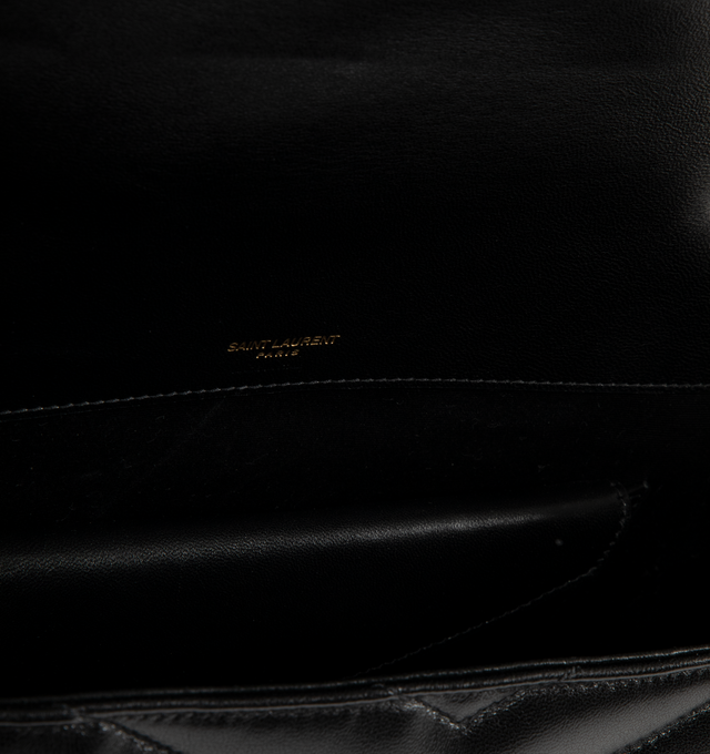 Image 4 of 4 - BLACK - SAINT LAURENT Loulou Large Bag featuring chain bag in soft lambskin with chevron-quilted topstitching, a removable leather pouch and pocket mirror, a sliding chain strap, grosgrain lining, bronze-toned hardware, magnetic snap closure and one flat pocket. 12.6" x 8.7" x 3.9". 90% lambskin, 10% brass. Made in Italy.