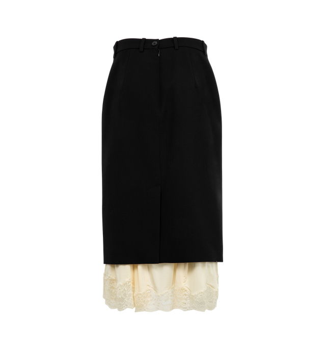 Image 2 of 2 - BLACK - BALENCIAGA Lingerie Tailored Skirt featuring high-waist, front button and hook closure, 5 belt loops, lingerie skirt at bottom, mixed construction, longer at back and slit on back tailored skirt. 100% wool. 92% viscose, 8% elastane. Lining: 100% cupro. Lace: 80% polyamide, 20% elastane. Made in Italy.