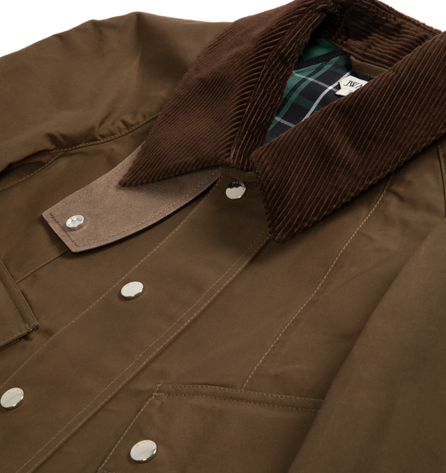 Image 2 of 2 - BROWN - JW ANDERSON Barn Jacket in biscuit waxed cotton featuring a contrast collar and waxed leather throat latch, outer fabric is bonded to a tartan jacquard logo lining, cropped fit and finished with logo-engraved press snaps. 100% cotton. Made in Italy.