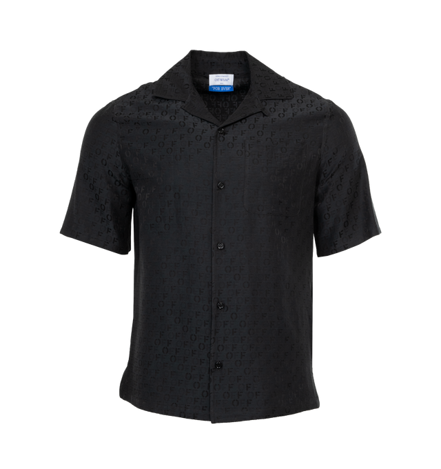 Image 1 of 4 - BLACK - OFF-WHITE OFF AO JACQ SILKCOT HOLIDAY is a black short sleeves shirt featuring tonal Off-White logo as pattern, spread collar, front buttons as closure and has a regular fit. 44% cotton 56% silk. 