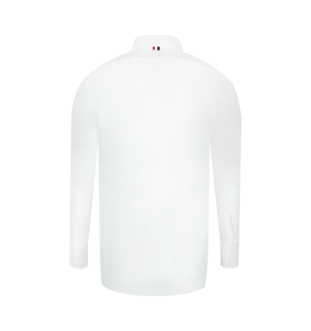 Image 2 of 2 - WHITE - Thom Browne Mens Oxford Shirt is crafted from cotton Oxford cloth. Features a button-front closure with signature striped grosgrain placket, button-down collar, long sleeves with buttoned cuffs, name tag appliqu above the hem, seamed back yoke with locker loop, and a curved hem. Main Material: 100% Cotton. Made in Italy.