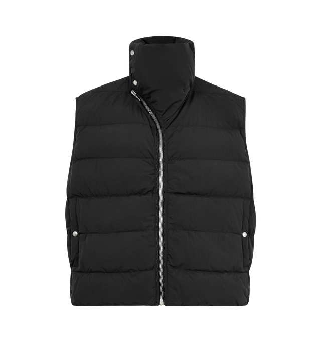 Image 1 of 2 - BLACK - RICK OWENS SL Flight Vest featuring in lightweight matte nylon featuring water-repellent brushed quilted finish, goose down padding, standing collar, asymmetrical front zip closure, pockets and cotton strap with rivets on the back rack. 100% nylon. Made in Italy.