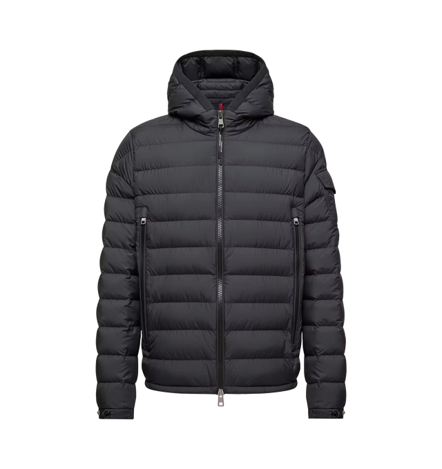 Image 1 of 1 - BLACK - MONCLER Galion Hooded Short Down Jacket featuring water-repellent main fabric, micro chic lining, down-filled, hood with nylon laqu lining, zipper closure, zipped pockets, inside zipped pocket, sleeve pocket with snap button closure, adjustable cuffs and logo details. 100% polyester. Padding: 90% down, 10% feather.