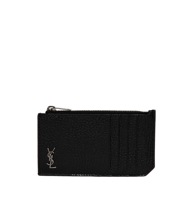 Image 1 of 3 - BLACK - SAINT LAURENT Zipped Card Case featuring tiny cassandre, grained leather, zip closure, five card slots, one zip coin purse and leather lining. 5.1" X 3" X 0.4". 100% calfskin leather. Made in Italy.  