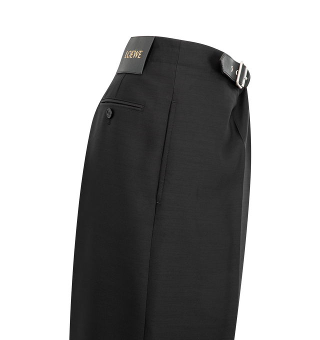 Image 3 of 3 - BLACK - Loewe Women's Trousers in medium-weight wool and silk tailoring featuring a gathered front with a leather belt detail. Regular fit, regular length, mid waist, straight leg, side zip fastening, seam pockets, buttoned rear jet pocket, pressed creases at the front, LOEWE embossed leather patch placed at the back. Wool/Silk. Made in Italy.