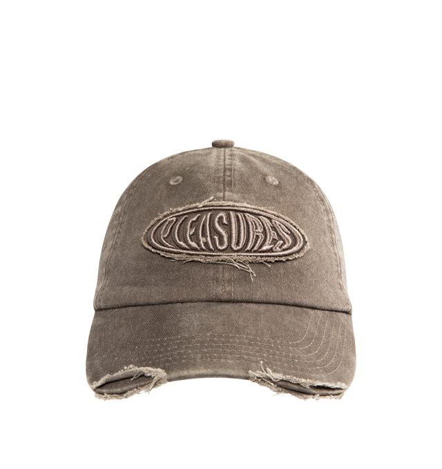 Image 1 of 2 - BROWN - PLEASURES Bubble Rip Cap featuring embroidered detailing, ripped brim, adjustable strap, top button and curved peak.