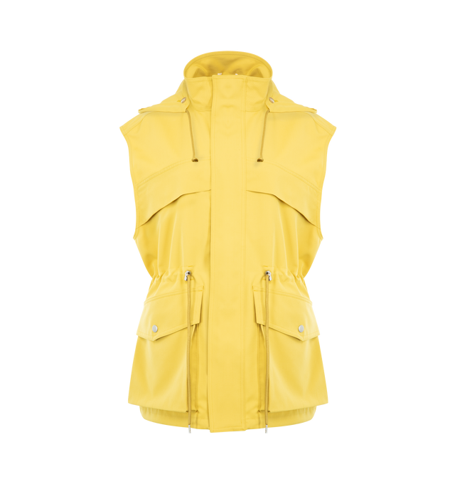 Image 1 of 4 - YELLOW - AURALEE Wool Max Canvas Over Vest featuring densley woven ultra-fine Super 120s fibers, oversized fit, hood with drawstring, zip closure, sleeveless, chinched waist drawstring, front flap pockets and unlined. 100% wool.