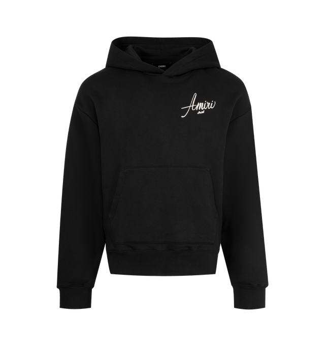 Image 1 of 2 - BLACK - AMIRI Amiri Hotel Hoodie featuring cotton fixed hood, dropped shoulders, front pouch pocket, ribbed trims, logo on front and graphic on back. 100% cotton.