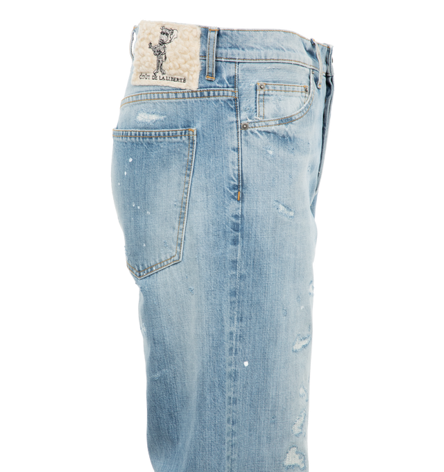 Image 2 of 3 - BLUE - COUT DE LA LIBERTE Victor Cirspy Rigid Denim Wide Leg Jean featuring button front closure, 5 pocket styling, distressed throughout and wide leg. 100% cotton. Made In USA. 