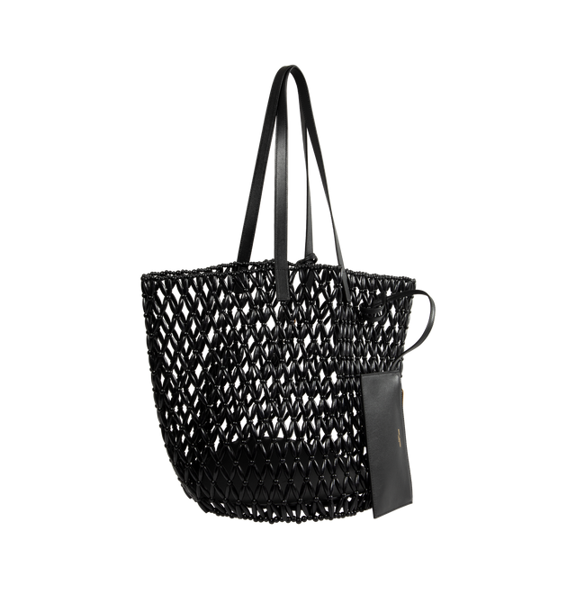 Image 3 of 4 - BLACK - SAINT LAURENT Beaded Shopping Bag featuring a distinct, unlined, and handcrafted design, two leather flat handles and a detachable leather keychain accessory. 35 cm x 29 cm x 25 cm. 100% wood beads. Made in Italy.