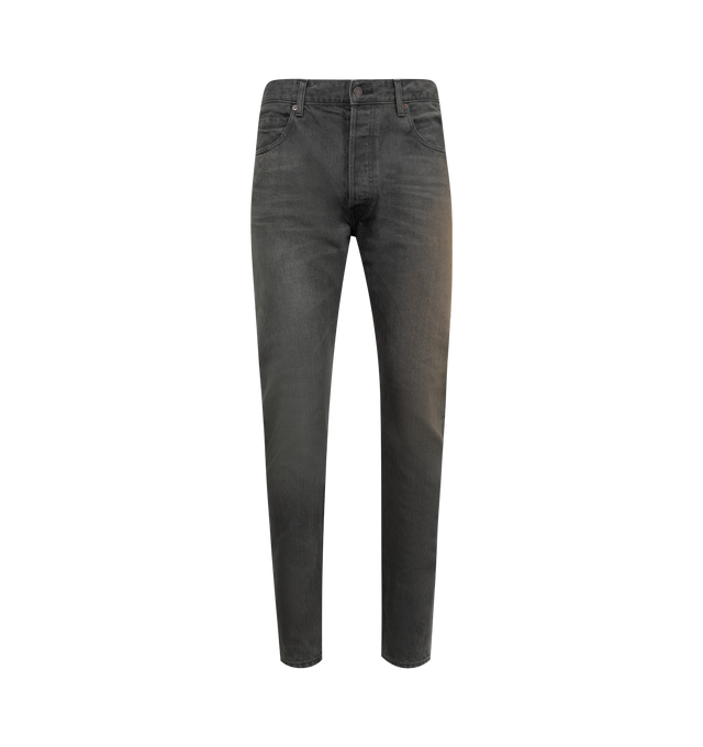 Image 1 of 3 - BLACK - SEEKINGS Straight Leg Jeans featuring 5 pocket styling, button fly, high rise, slim leg, leather patch on back of waistband and engraved hardware. 100% cotton.