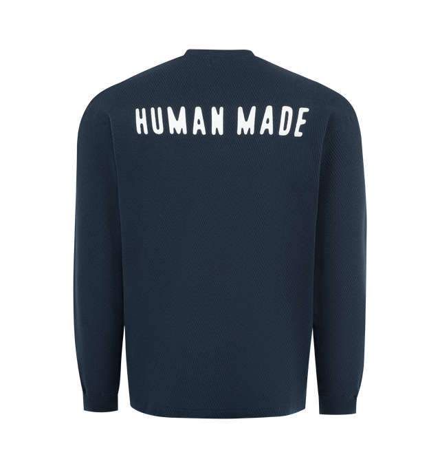 Image 2 of 2 - NAVY - HUMAN MADE Henley Neck Shirt featuring textured cotton thermal fabric, long sleeves, heart logo patch on the right chest, brand logo print on the back and ribbed collar and cuffs 100% cotton.