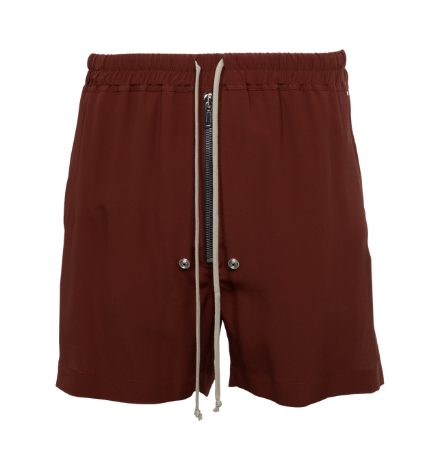 Image 1 of 4 - RED - RICK OWENS Bela Boxers featuring exposed zip fly, elastic drawstring waistband, side slip pockets, stiff poplin fabric and metal grommets. 97% cotton, 3% elastane. Made in Italy.  
