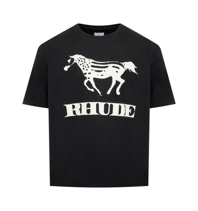 Image 1 of 2 - BLACK - RHUDE Dinero T-shirt featuring a R H U D E logo with an American flag horse graphic, jersey cotton, crewneck, short sleeves and pulls over. 100% cotton. Made in USA.