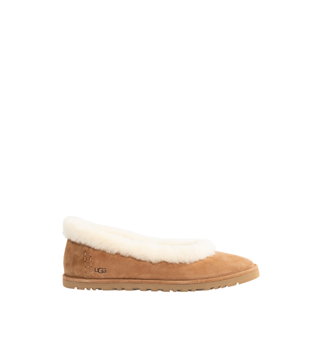Image 1 of 4 - BROWN - UGG women's Zora ballet flat crafted with a suede upper, plush sheepskin and lamb sockliner, a lightweight sugarcane EVA outsole, UGG Logo, heat-embossed and woven label with The UGG Logo on insole.