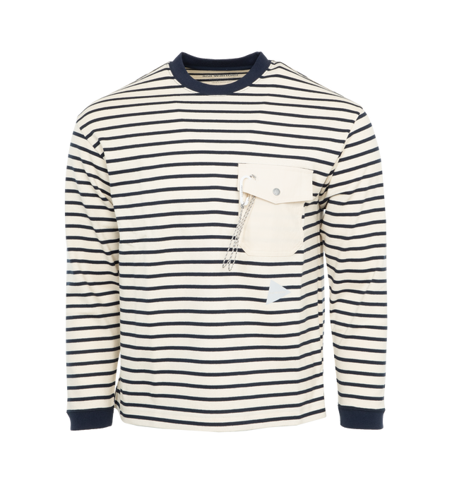 Image 1 of 3 - WHITE - AND WANDER Stripe Pocket Longsleeve T-Shirt featuring relaxed fit, stripe pattern, ribbed collar, cuffs and hem, chest patch pocket and integrated carabiner. 100% cotton. 
