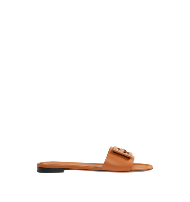 Image 1 of 4 - BROWN - FENDI Baguette Leather Slides featuring wide-band embellished with FF Baguette motif in tone on tone leather. 100% calfskin. Made in Italy.
