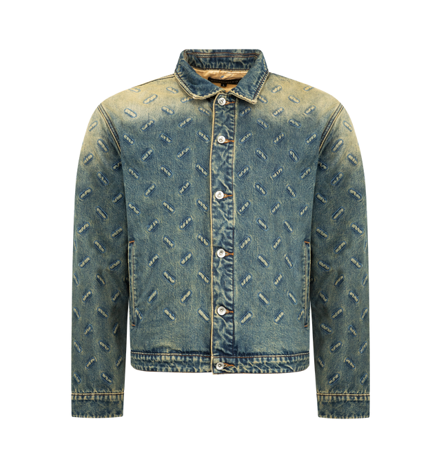 Image 1 of 3 - BLUE - WHO DECIDES WAR Thread Plate Jacket featuring a traditional trucker fit, sewn with an embossed thread plate pattern throughout, button front closure, collar and button cuffs. 100% cotton.