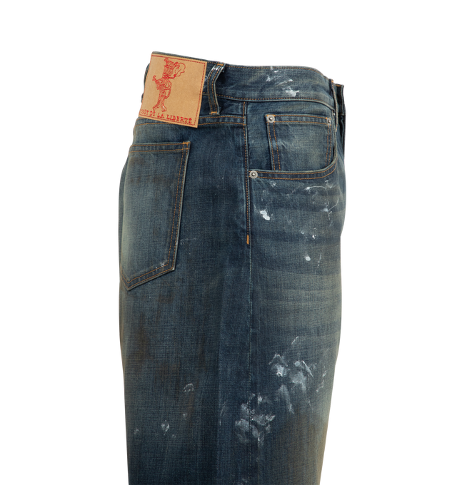 Image 3 of 3 - BLUE - COUT DE LA LIBERTE Magnolia Barrel Leg Jean featuring crispy denim, barrel leg, button zip front closure, 5 pocket style and distressed throughout. 100% cotton. Made In USA.