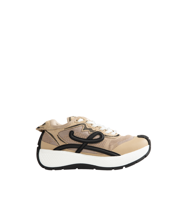 Image 1 of 5 - NEUTRAL - Loewe Women's Pogo Sneakers are crafted from technical knit and suede and feature a bold silhouette with a layered upper and textured two-piece sole. Designed with double laces, the signature L monogram at the side. Main Material: Technical Knit and Suede. Lining: Technical Fabric. Sole: Rubber. Heel Height: 4 cm. Made in Italy.