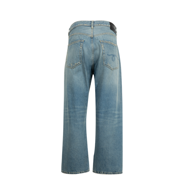 Image 2 of 3 - BLUE - R13 X-BF Jean featuring wide, slouchy leg, built with 13 oz. rigid denim with a medium indigo wash and mild wear pattern. 100% cotton.