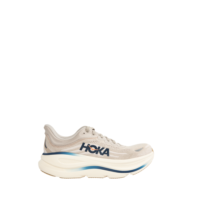 Image 1 of 5 - NEUTRAL - HOKA M Bondi 9 Sneaker featuring engineered mesh upper with rubber sole, lace-up front, foamed EVA midsole and increased stack height for maximum cushioning, zonal breathability, reflective detailing and cushioned tongue and collar.