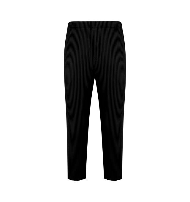Image 1 of 3 - BLACK - ISSEY MIYAKE Quarry Pants featuring allover pleating, elasticized waist, side slip pockets, cropped fit, straight legs and pull on style. Polyester. Made in Japan.
