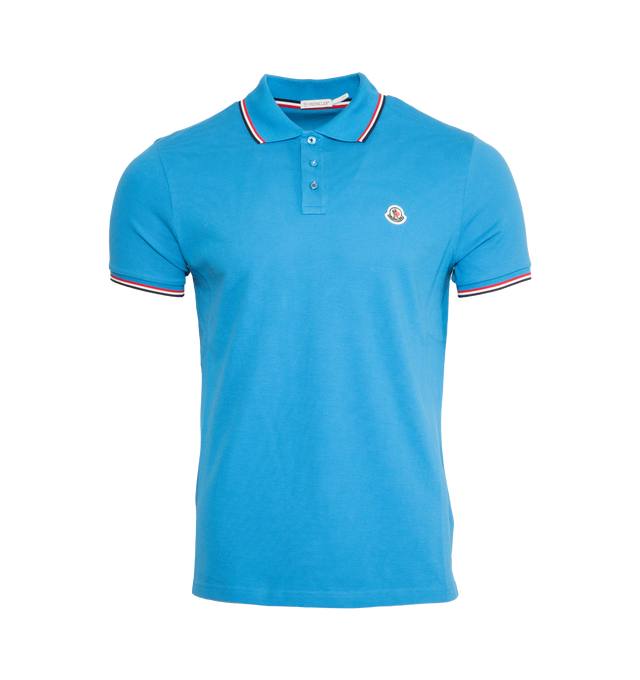 Image 1 of 2 - BLUE - MONCLER polo shirt featuring contrast trim and logo. 100% cotton.  
