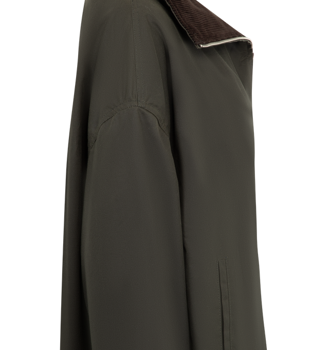 Image 3 of 3 - GREEN - TOTEME Zipped Country Jacket featuring a water-repellent waxed cotton, funnel neck lined with corduroy, two-way front-zip closure, front welt pockets and partially lined. 100% organic cotton.