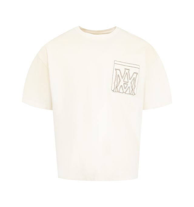 Image 1 of 2 - WHITE - AMIRI MA Outline Oversized T-Shirt featuring oversized fit, cotton jersey, rib-knit crewneck, logo graphic printed at chest and back and dropped shoulders. 100% cotton. Made in Italy.