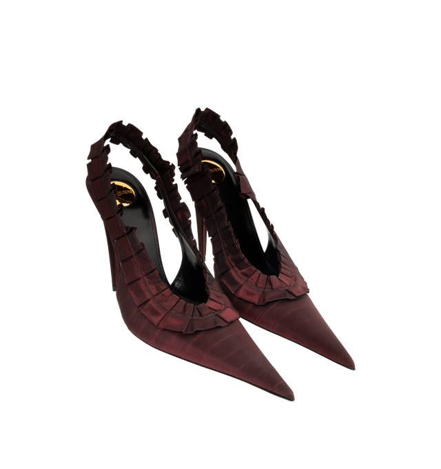 Image 2 of 4 - BROWN - Saint Laurent Madeline slingback pumps in silk taffeta decorated with hand-stitched couture ruffles, featuring a pointed toe, covered stiletto heel, leather soleround saint laurent-engraved metal plaque on the insole, elasticized slingback strap, 11cm heel height. Silk, lambskin. Made in Italy.
