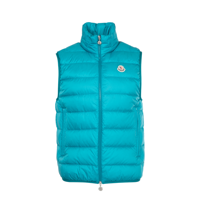 Image 1 of 2 - BLUE - MONCLER Rocoque Down Vest featuring longue saison lining, down-filled, collar, zipper closure, zipped pockets and quilted logo. 100% polyamide/nylon. Padding: 90% down, 10% feather.