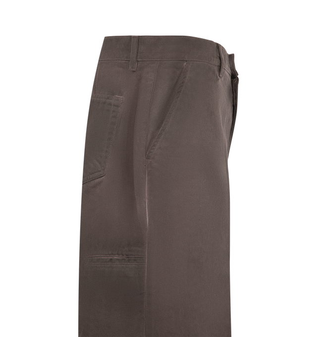 Image 3 of 3 - BROWN - Rick Owens Men's DRKSHDW Wool Work Shorts. These distinctive shorts feature a wide-leg, relaxed silhouette that falls around or below the knee, designed with a clean front button closure, integrated belt loops, and structured front creases. Materials: Inner Layer: 100% Cupro. Outer Layer: 100% Wool.