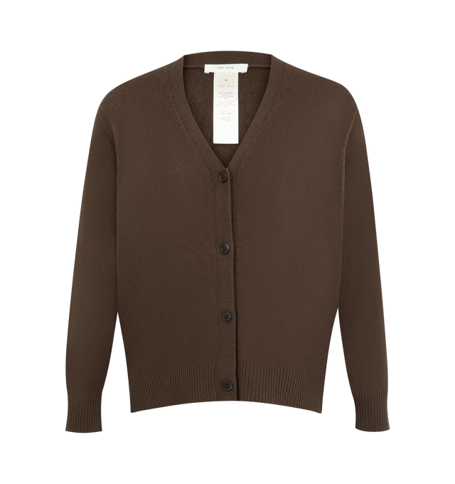 Image 1 of 2 - BROWN - THE ROW Ovida Cardigan featuring long-sleeved v-neck cardigan in baby cashmere with ribbed cuffs and hem and front button closure. 100% cashmere. Made in Italy.