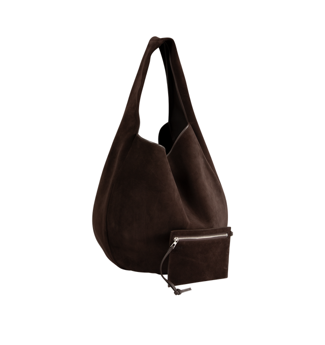 Image 2 of 3 - BROWN - Loewe Mens Roomy Hobo Bag is crafted from suede calfskin. Features a tactile construction that naturally conforms to the body, discreetly embossed archive-inspired LOEWE logo, shoulder carry, strap closure, leather piping, unlined interior, and detachable zipped pouch with calfskin puller. Main Material: Suede Calfskin. Dimensions: 46cm W x 41cm H x 19cm D; Handle Drop: 20cm. Made in Spain.