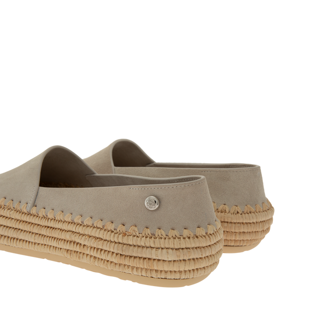 Image 3 of 4 - GREY - Loewe Mens Slippers are crafted from suede and raffia. Feature handcrafted raffia embroidery, rounded toe, engraved Anagram pebble detail, padded leather insole, embossed Anagram rubber outsole, and a 0.5 cm heel height. Main Material: Suede, Raffia. Made in Spain.