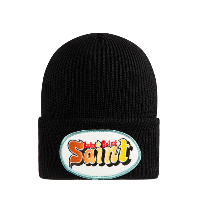 Image 1 of 2 - BLACK - SAINT MICHAEL Knit Cap featuring wool knitted beanie, brand logo patch on the front and roll up cuff. 100% wool.