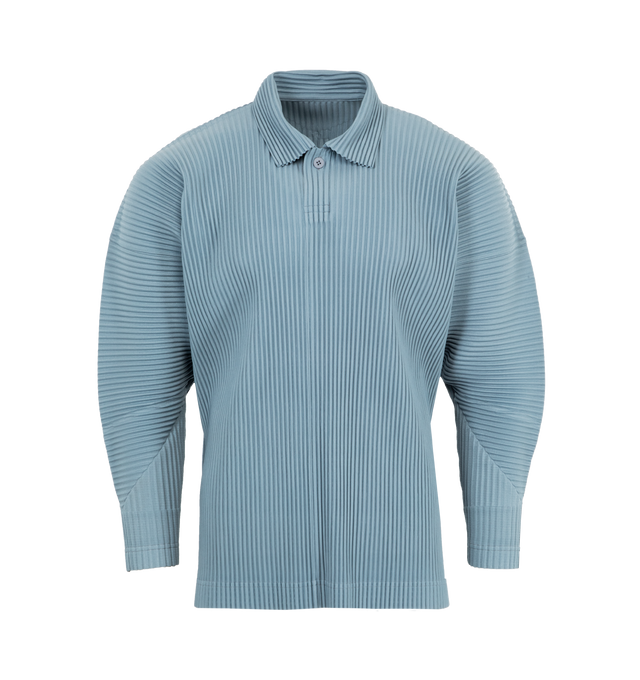 Image 1 of 2 - BLUE - ISSEY MIYAKE Pleated Long-Sleeve Polo Shirt featuring expert pleating, spread collar, two-button placket, long sleeves, vented sides and pullover style. 100%polyester.