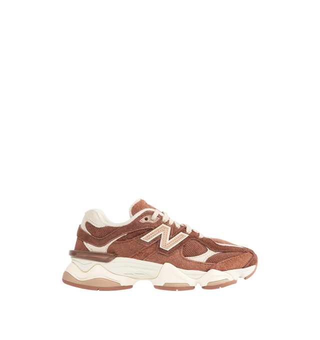 Image 1 of 5 - BROWN - NEW BALANCE 9060 Sneaker featuring chunky sole, lace-up fastening, padded collar, mesh upper with boar suede overlays, dual density midsole with ABZORB and SBS cushioning, logo on tongue and diamond pattern on the sole.