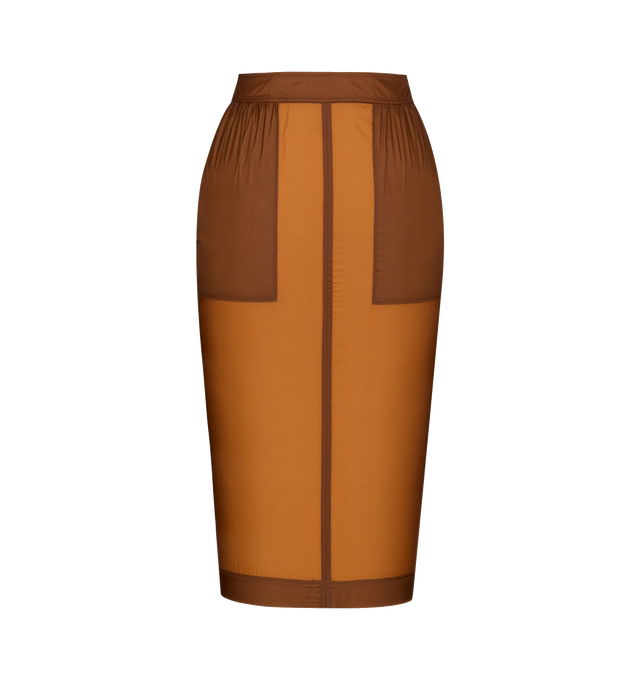 Image 1 of 2 - BROWN - SAINT LAURENT Nylon Pencil Skirt featuring semi-sheer pencil skirt, concealed back zip closure, two welt pockets at the front and single back vent. 100% polyamide. Made in Italy.