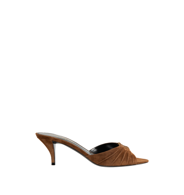 Image 1 of 4 - BROWN - Saint Laurent Babylone kitten-heel mule sandals with a pointed peep toe, gathered calfskin suede upper decorated with the CASSANDRE in bronze-tone metal, 6cm kitten heel and leather sole. Made in Italy.