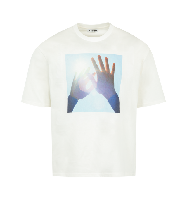 Image 1 of 2 - WHITE - JIL SANDER Graphic T-Shirt featuring oversized fit, dropped shoulders, images from the Wanderlust project, printed cotton jersey, short sleeves and crew neck. 100% cotton. Made in Italy.