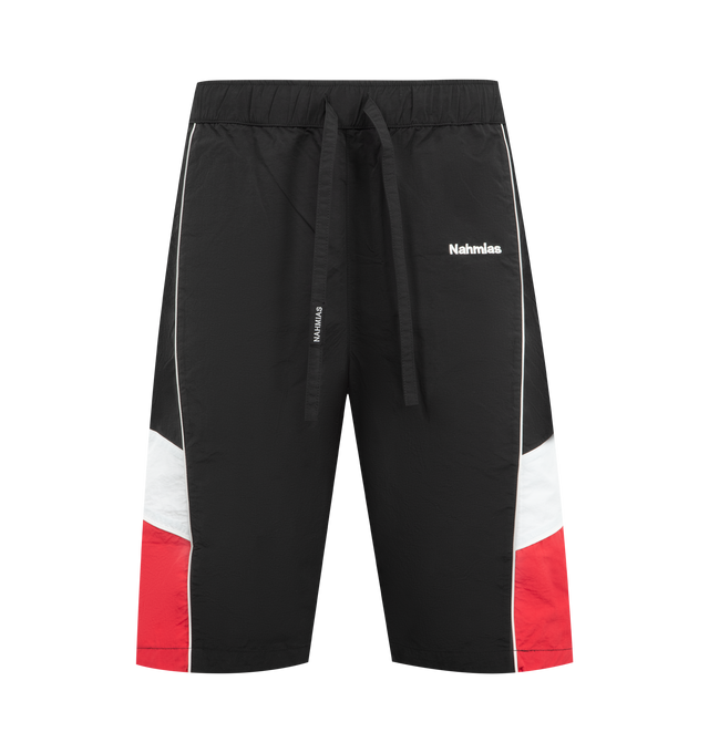 Image 1 of 4 - BLACK - NAHMIAS Warm Up Short featuring ollie wave design, colorblocking, elastic waist with drawstring, embroidered logo, two side pockets and back welt pockets. Nylon.