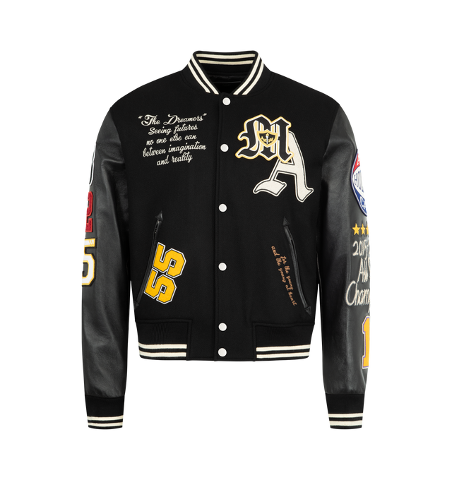 Image 1 of 4 - BLACK - AMIRI Varsity Patch Jacket featuring varsity patch detailing, zipper pocket, snap button closure and embroidery at chest. 75% wool, 25% nylon. Made in Italy.