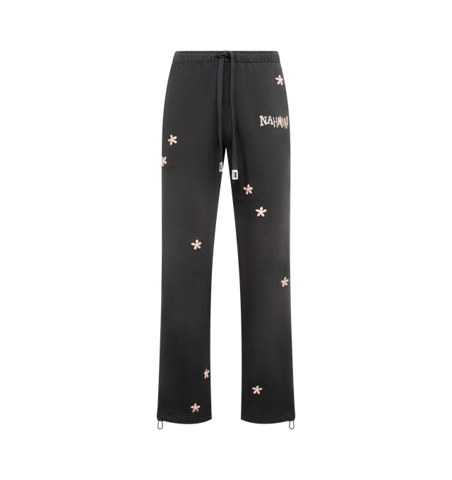 Image 1 of 4 - BLACK - NAHMIAS Flower Groms Sweatpants featuring a relaxed, wide-leg silhouette, embroidered flowers, drawstring waist, back patch pocket and pull on style. 100% cotton. Made in USA.