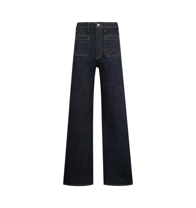 Image 1 of 3 - BLUE - KHAITE Delmonico Jean featuring welted patch pockets at front, high-waisted silhouette, wide-leg cut and an embossed button of antiqued nickel. 98% cotton, 2% polyurethane. Made in the USA.