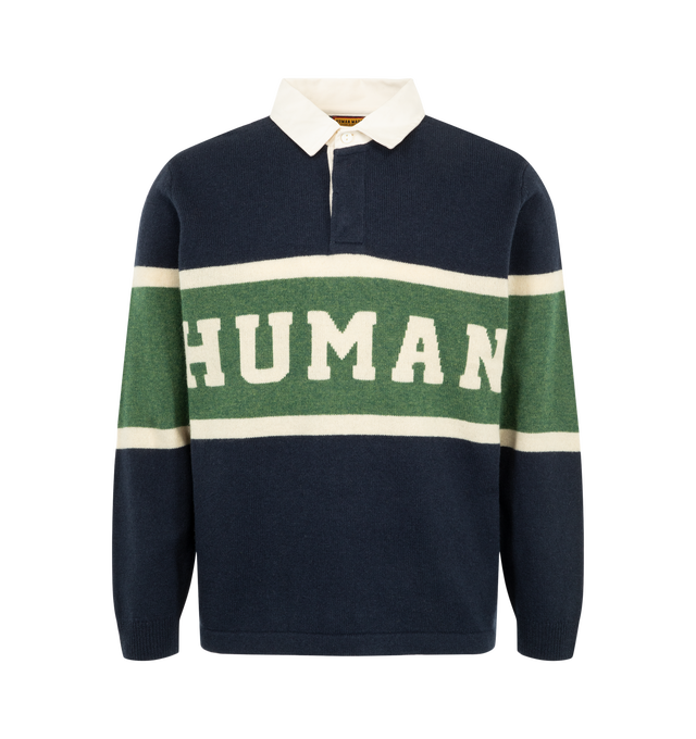 Image 1 of 2 - NAVY - Human Made Men's Rugby Knit Sweater is crafted from a mid-gauge wool-blend knit and features a rugby shirt-inspired silhouette with a soft cotton collar for enhanced comfort. Designed in an original striped colorway, this statement knit is finished with Human Made logo intarsia artwork at both the front and back. Main Material: 81% Wool, 19% Nylon. Collar: 100% Cotton.