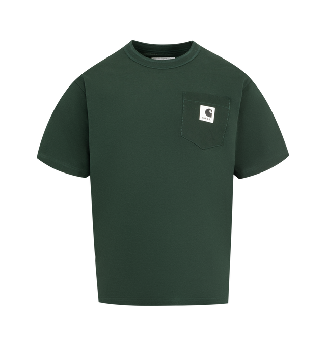 Image 1 of 3 - GREEN - SACAI X CARHARTT WIP Short-Sleeve Cotton-Jersey T-Shirt featuring relaxed fit, crew neck, ribbed trim at neck, short sleeves, patch pocket at chest and logo appliqu at chest pocket. 100% cotton.